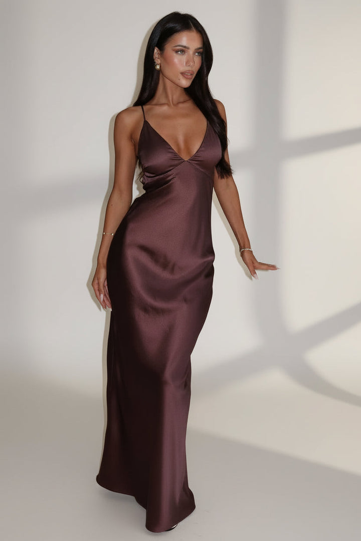 Isadora™ | Mocha Luxe Satin Maxi Dress