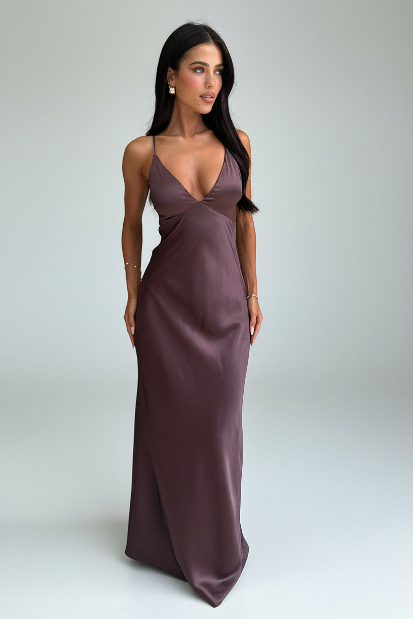 Isadora™ | Mocha Luxe Satin Maxi Dress
